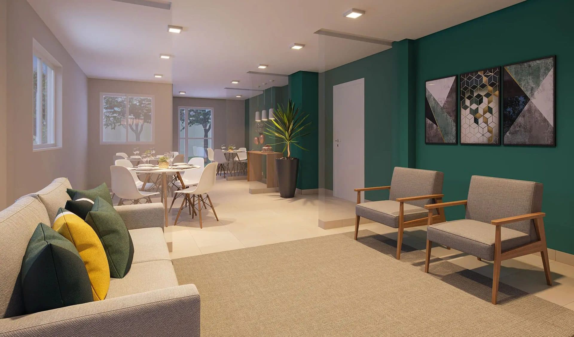 Sala de estar e jantar integrada com decoração moderna, sofás e mesa de jantar.