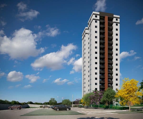 Perspectiva externa de edifício residencial com estacionamento no térreo e paisagismo.