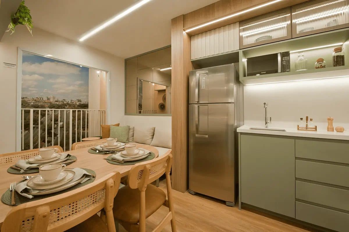 Sala de jantar integrada com cozinha e armários planejados