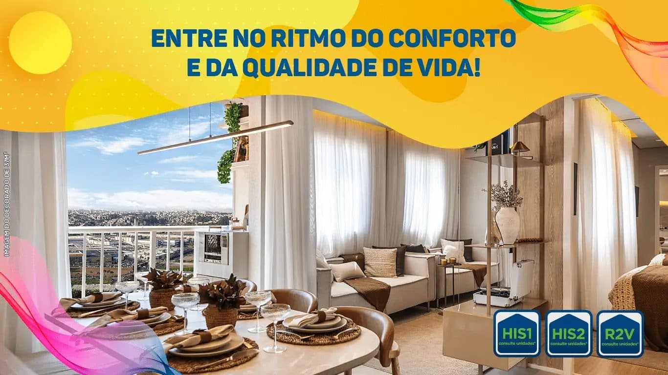 Sala de estar e jantar integrada com decoração clara, mesa posta e vista externa pela varanda.