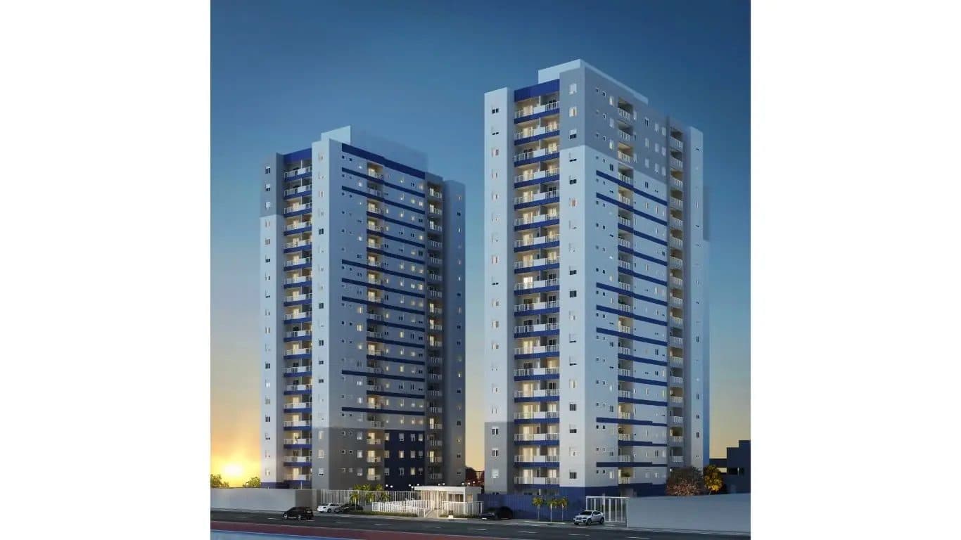 Perspectiva noturna ilustrada das torres do condomínio com iluminação externa.