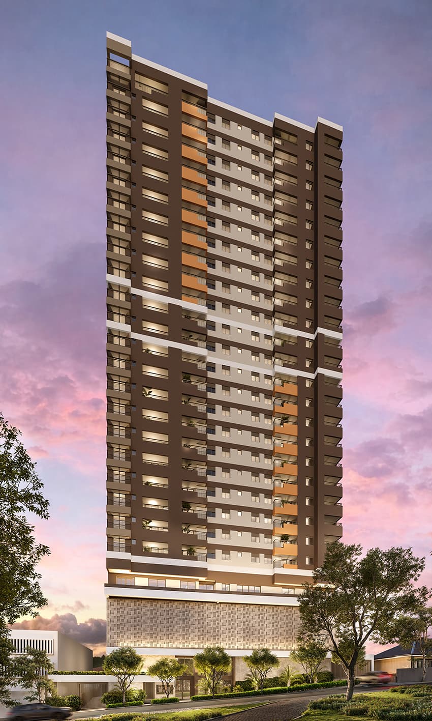 Vista vertical completa da fachada do edifício residencial.