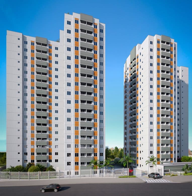 Perspectiva externa das torres do condomínio com acabamento em tons de cinza e detalhes em laranja.