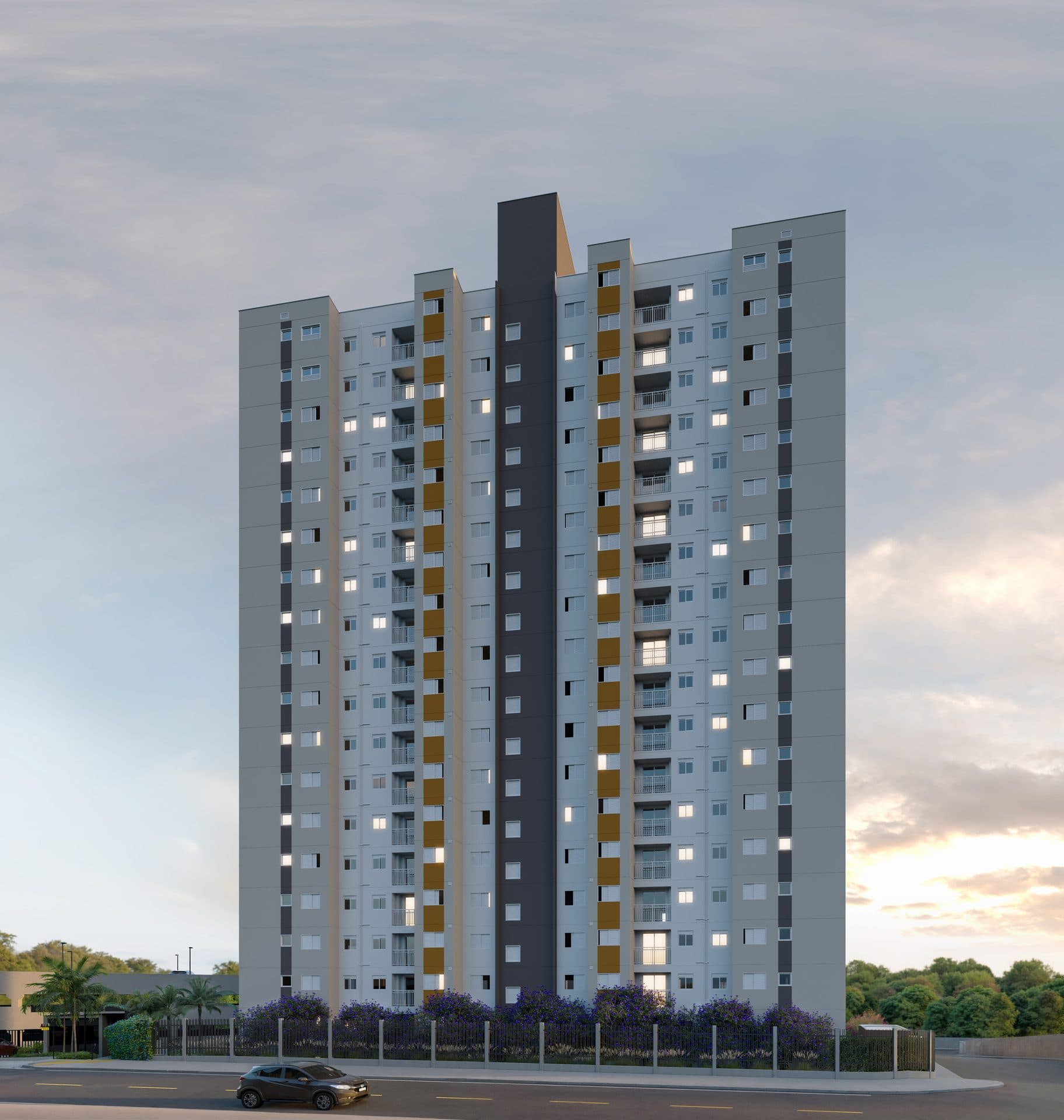 Vista externa do edifício residencial com design moderno e iluminação.