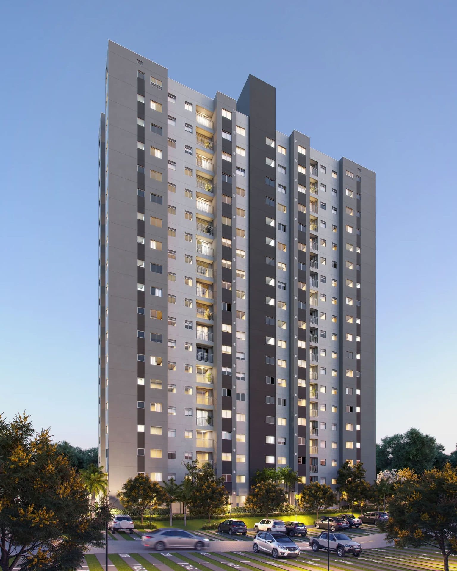 Perspectiva externa de prédio residencial com varandas e estacionamento arborizado na frente.