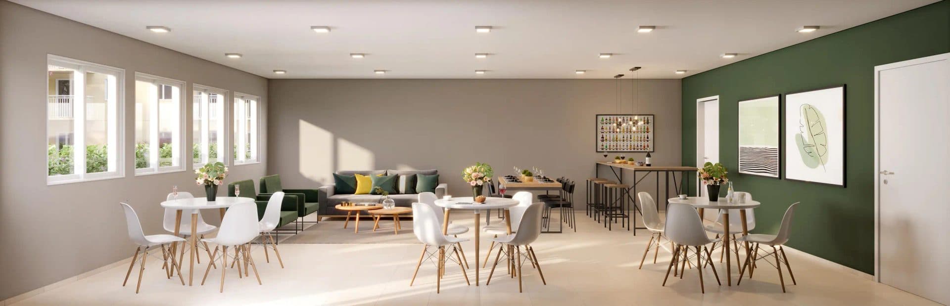 Sala de estar e jantar integrada com decoração neutra e ampla iluminação
