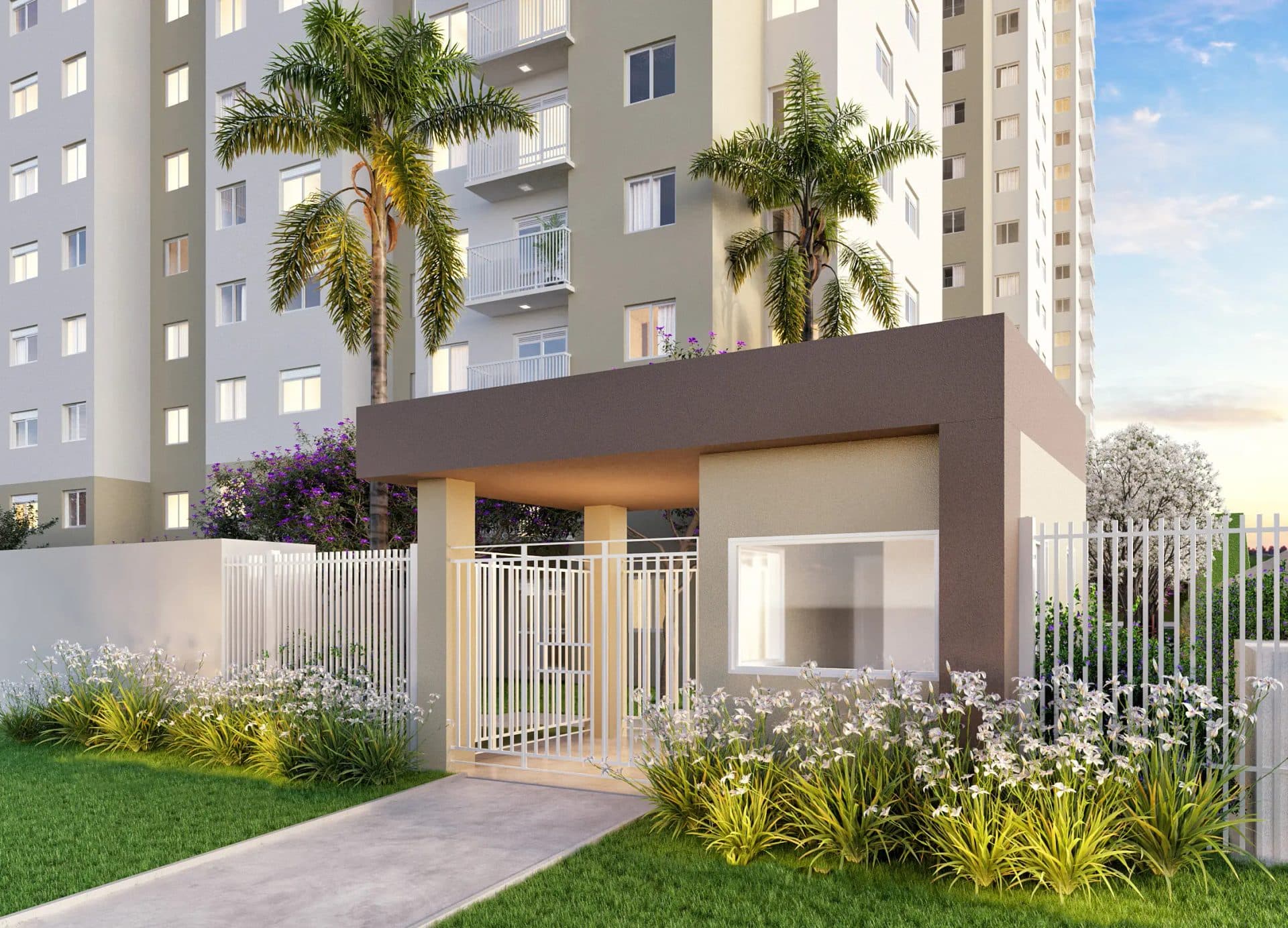 Portaria do condomínio com portão branco e jardim frontal