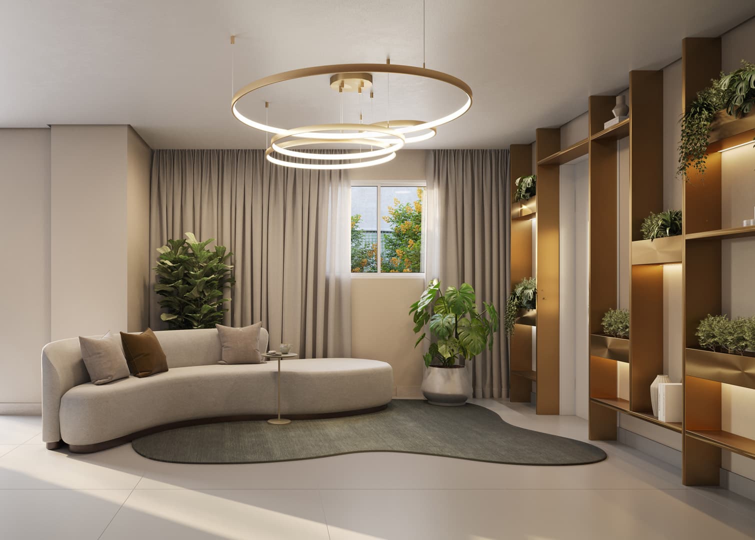 Sala de estar com sofá curvo, tapete orgânico, luminária circular e estante decorativa.