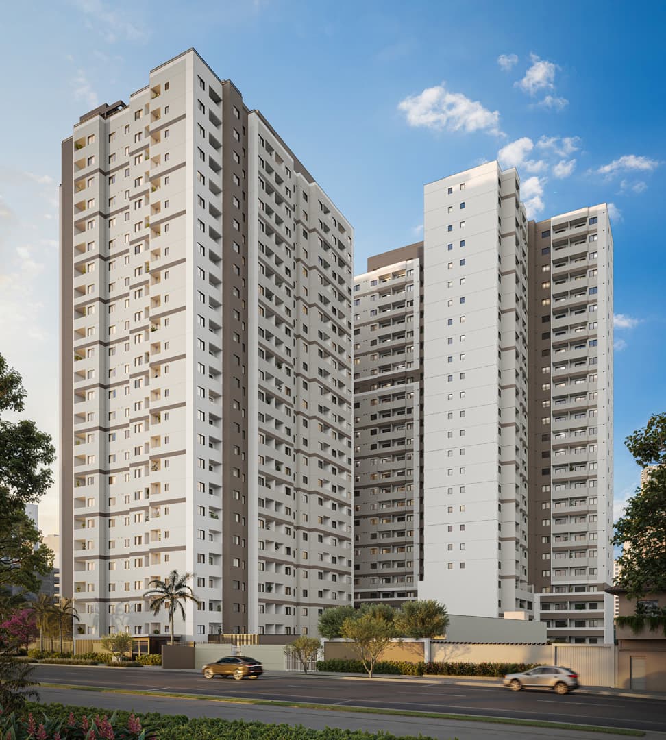 Fachada de dois edifícios residenciais altos com varandas e térreo arborizado.