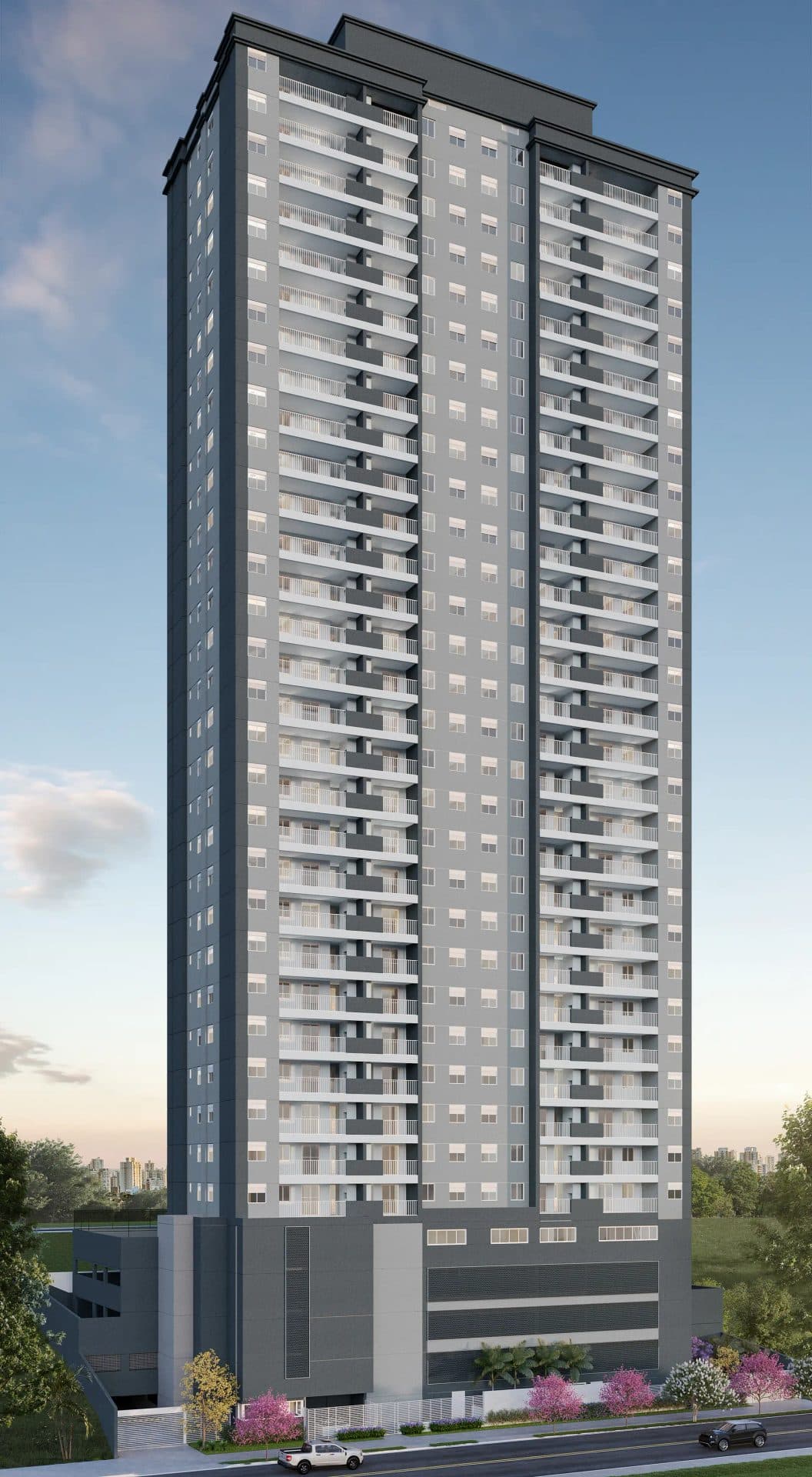 Fachada de edifício residencial alto com varandas em todas as unidades.