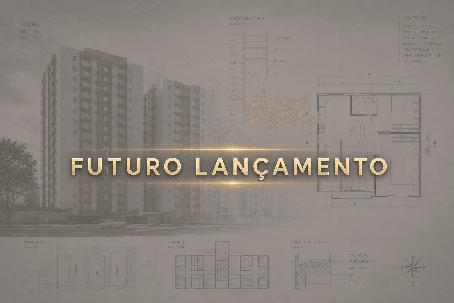 Imagem promocional contendo a planta baixa do apartamento, fachada do edifício e informações técnicas do empreendimento.